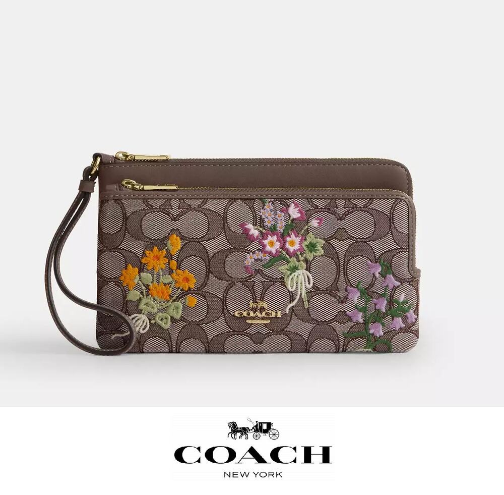 ❤️ Coach Double Zip Wristlet In Signature Jacquard With Floral Embroidery